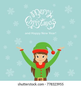 Happy cute elf and text Merry Christmas and Happy New Year. Little girl in a green holiday costume on blue background with falling snowflakes, illustration.