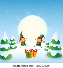 Happy and cute Elves girl and boy celebrate winter holidays - winter landscape