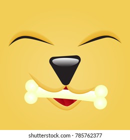 Happy Cute Emoticon dog face close up with bone in mouth. Square emoji. Isolated Vector Illustration