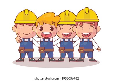 Happy cute engineer hug together Premium Vector