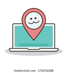 Happy Cute Excited Expression of Laptop with Location Sign Vector Design