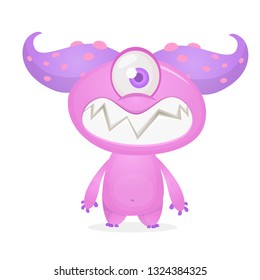 Happy and cute excited monster with one eye. Halloween vector illustration. Big set of cartoon monsters