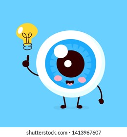 Happy cute eyeball with lightbulb character.Vector flat style illustration icon design. Isolated on white background. Eye have idea concept