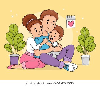 Happy cute family. Beautiful sitting light-skinned brunette woman and man with smiling child son. Vector illustration. Colored hand drawn doodle style