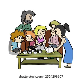Happy cute family characters smiling happy having tea around a table with an Arab family. Hand drawn colorful scene cartoon style vector illustration on white background.