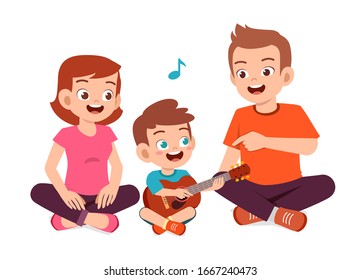 happy cute family mom dad son daughter play guitar