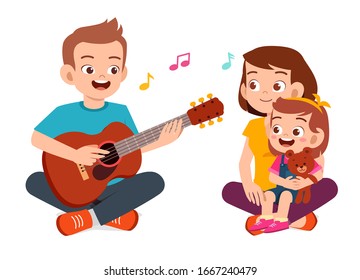 happy cute family mom dad son daughter play guitar