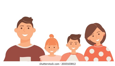 Happy cute family portrait of parents and kids: father, mother, son and daughter isolated on the white background. Family of four members. Modern flat cartoon colorful vector illustration