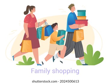 Happy cute family is shopping together with bags on white background. Concept of people enjoy spending time shopping in clothing stores offline. Flat cartoon vector illustration