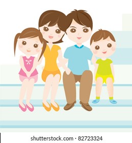 Happy and cute family sitting on the stairs