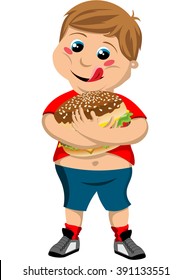 Happy cute fat boy hugging big hamburger isolated