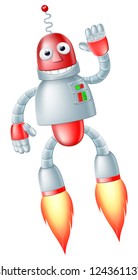 A happy cute flying red and silver robot man with boosters on his feet taking off and waving