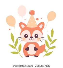 Happy Cute Fox Animal Cartoon Character Wearing Cone Hat Celebrating Birthday Party with Confetti