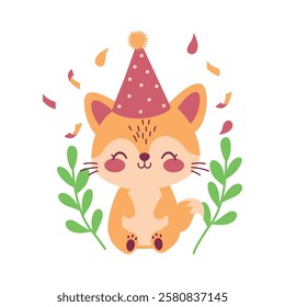 Happy Cute Fox Animal Cartoon Character Wearing Cone Hat Celebrating Birthday Party with Confetti