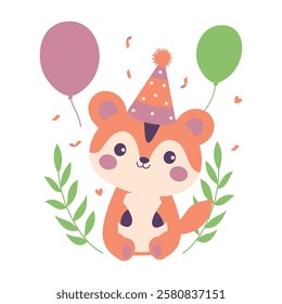 Happy Cute Fox Animal Cartoon Character Wearing Cone Hat Celebrating Birthday Party with Confetti