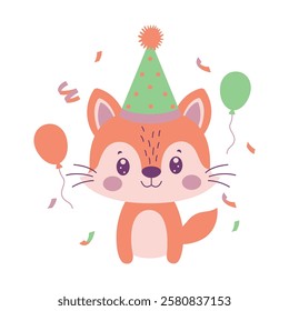 Happy Cute Fox Animal Cartoon Character Wearing Cone Hat Celebrating Birthday Party with Confetti