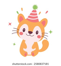 Happy Cute Fox Animal Cartoon Character Wearing Cone Hat Celebrating Birthday Party with Confetti