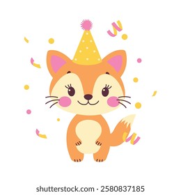 Happy Cute Fox Animal Cartoon Character Wearing Cone Hat Celebrating Birthday Party with Confetti