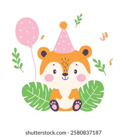 Happy Cute Fox Animal Cartoon Character Wearing Cone Hat Celebrating Birthday Party with Confetti