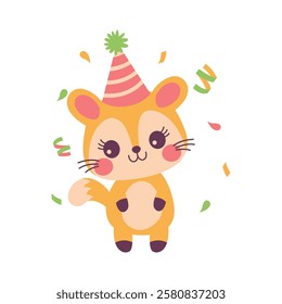 Happy Cute Fox Animal Cartoon Character Wearing Cone Hat Celebrating Birthday Party with Confetti