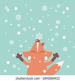  Happy cute fox with snowflake . Vector illustration. 