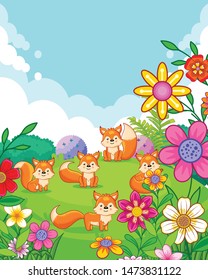 happy cute foxes with flowers playing in the garden