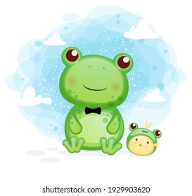 Happy cute frog with chicks having fun cartoon illustration