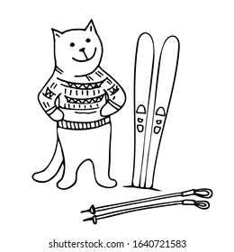 Happy cute fun cat with alpine skiing and sticks in the mountains. Black line art silhouette contour on white background. Hand drawn graphic illustration. Ski mountain landscape winter.