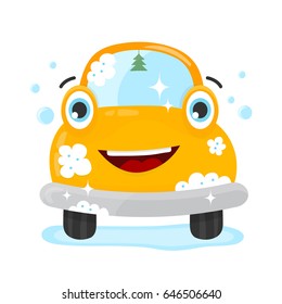 Happy cute fun clear car. Vector flat modern style illustration character icon design. Isolated on white background. Car wash services, auto cleaning concept