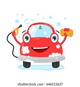 Happy cute fun clear car with hose and washcloth. Vector flat modern style illustration character icon design. Isolated on white background. Car wash services, auto cleaning, self-service concept
