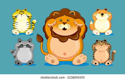 Happy, cute, funny cartoon animals set vector. Image of tiger, lion, fox, raccoon, leopard, jaguar. Suitable for stickers, coloring or story books, invitation cards, backgrounds