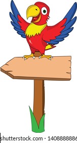 happy cute funny parrot presenting a banner sign arrow standing on top