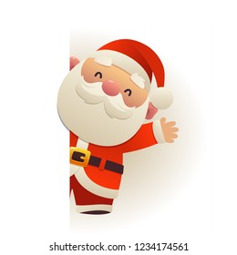 Happy cute funny Santa Claus behind blank signboard cartoon character with white copy space vector