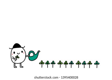 Happy cute gardener holding watering can. Taking care about his plants. Outdoor hobby minimalism style