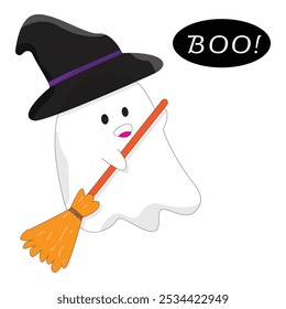 Happy Cute Ghost Dress Creepy Boo Character For Kids Holding A Broom, Isolated Trendy Vector Illustration For Halloween.