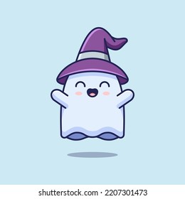 HAPPY CUTE GHOST SUITABLE FOR MASCOT LOGO, STICKER, T-SHIRT AND PRINT DESIGN