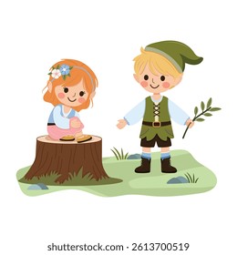 Happy and cute girl and boy play together on white background. Poster, Banner, Flyer, Greeting Card. Vector illustration in flat cartoon style