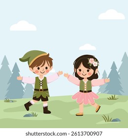 Happy and cute girl and boy play together in the forest. Poster, Banner, Flyer, Greeting Card. Vector illustration in flat cartoon style