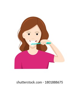 Happy cute girl brushing her teeth. Oral hygiene. Vector illustration in a flat style isolated on a white background.