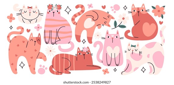 Happy cute girl cats kawaii colorful hand drawn characters in different position and action set. Cheerful pretty female kittens mascot for baby shower greeting card design vector illustration