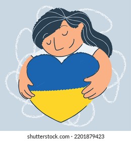 Happy cute girl character holding a heart shape Help Ukraine Vector