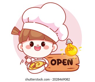 Happy cute girl chef cooking bakery banner logo cartoon art illustration