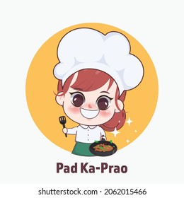 Happy cute girl chef cooking Thai food cartoon art illustration.