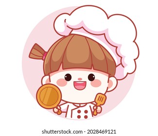 Happy cute girl chef holding spatula and pan banner logo cartoon art illustration