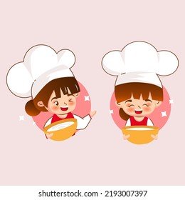 Happy cute girl chef holding bowl with whisk banner logo cartoon art illustration