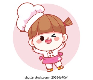 Happy cute girl chef standing and smiling banner logo cartoon art illustration