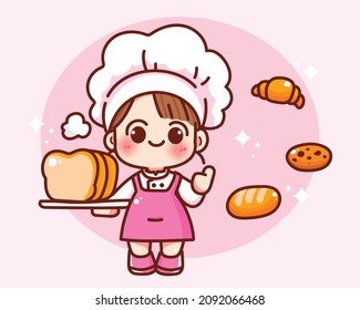 Happy cute girl chef uniform holding bread cooking bakery food logo cartoon hand drawn cartoon art illustration