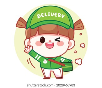 Happy cute girl Delivery food say hi banner logo cartoon art illustration