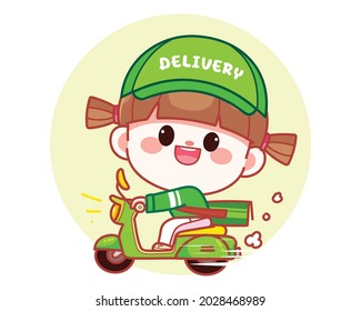 Happy cute girl Delivery food riding motorcycles banner logo cartoon art illustration