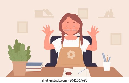 Happy cute girl doing study learning at home vector illustration. Cartoon funny young student schoolgirl character sitting at home table, studying and playing, fun schoolwork education background